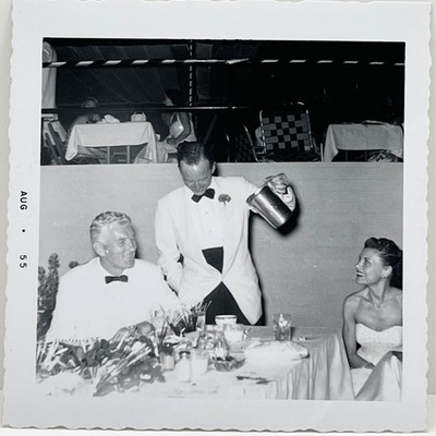 1950s Woman on Date Admiring Handsome Man Waiter Funny Vintage Snapshot Photo