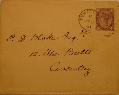 1891 Railway envelope: Tenterden to Coventry. Ashford Station Office cds.