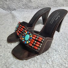 Donald J Pliner Couture Mules Brown Beaded Turquoise Heels Southwestern Retro 8