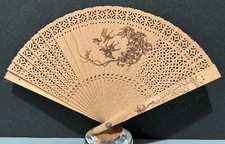 Japanese Wooden Folding Hand Fan  Intricate Carved Pattern  Cranes w/box