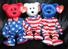 Set of 3 Ty Beanie Babies American Flag Liberty Patriotic Bears Red White Blue