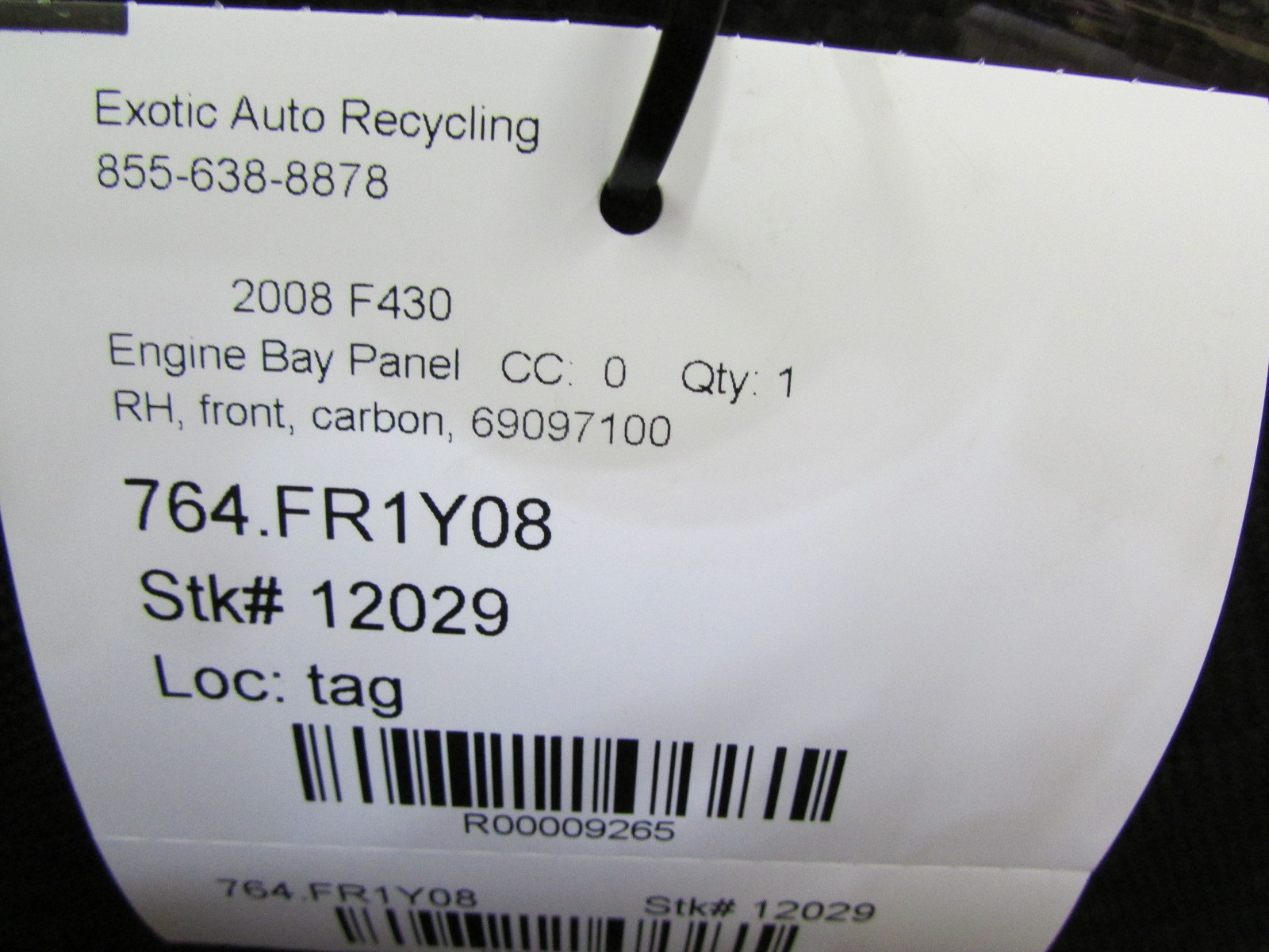 Ferrari F430 Spider, RH, Front Engine Bay Panel, Carbon Fiber, New, P/N 69097100