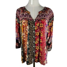 Figueroa & Flower Boho Top PL Multi Color Floral 3/4 Puff Sleeve Lace Back