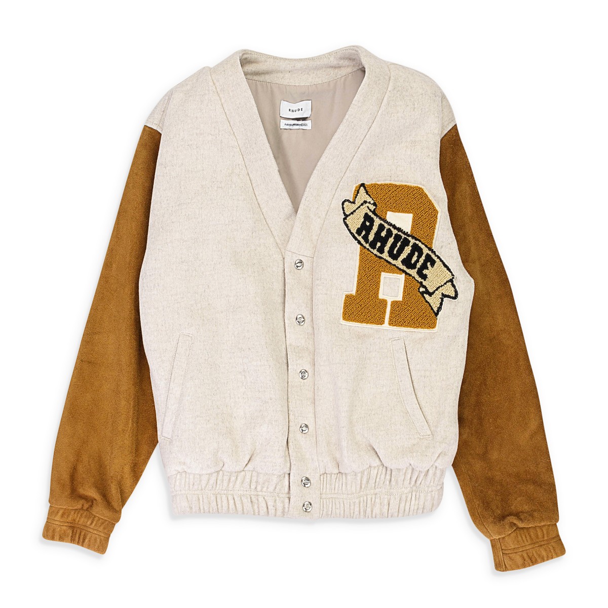 NWT RHUDE CARDIGAN BEIGE TAN VARSITY BOMBER JACKET SIZE L $1730 | eBay