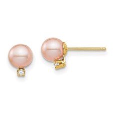 14k Yellow Gold Childrens 5-6mm Pink Freshwater Pearl Diamond Post Earrings