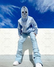 Rhinestone Skeleton Fashion Gothic Men Women Blue Hoodie Sweatshirt Zip Jacket