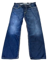 BKE Jeans Men 36R Tyler Boot Cut Dark Wash Buckle Denim Stretch Thick Stitch