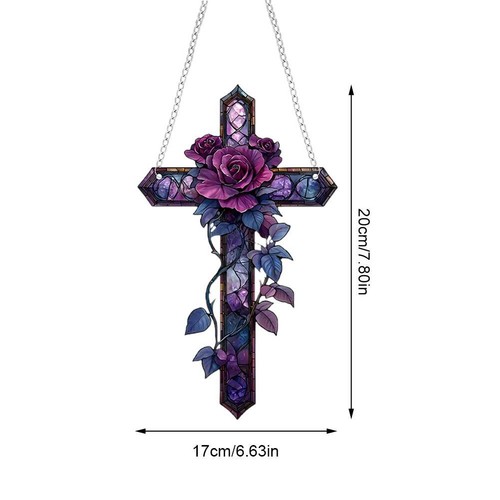 Purple Rose Cross Suncatcher Hanging Decor,Flat Stained Acrylic Suncatcher - Picture 10 of 10