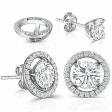 4Ct Natural Moissanite Changeable Halo Stud Earrings White Gold Plated Silver