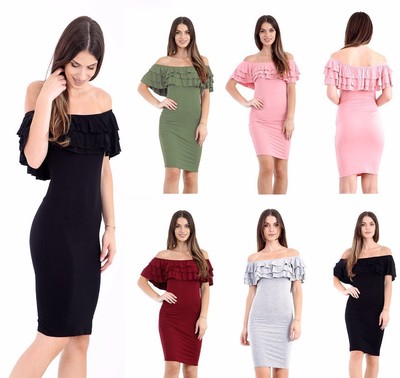Women Ladies Cable Chunky Knitted Ruffle Frill Off Shoulder Bardot Bodycon Dress