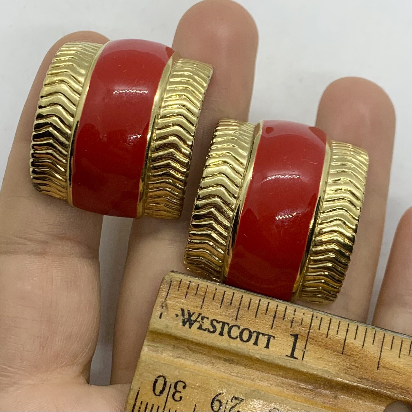 VTG OVERSIZED CHERRY RED ENAMEL STATEMENT GOLD WI… - image 5
