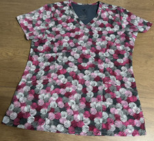 Willow Brook Womens Small Circle Print Scrub Top V-Neck Nurse Medical Pink Gray