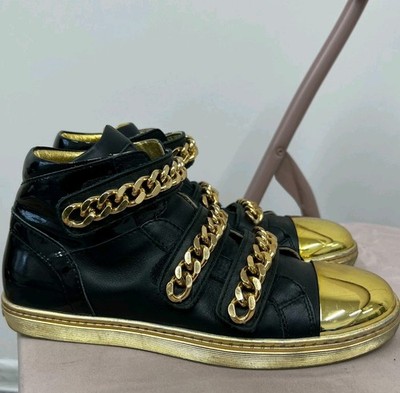 Versace Chain Leather High Top Sneakers Shoes Trainers Womens Size 37