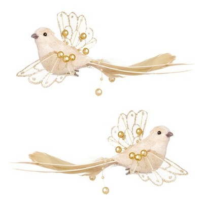 Christbaum Vogelschmuck Clip mit Federn und Perlen 18 cm 2er Set Gold