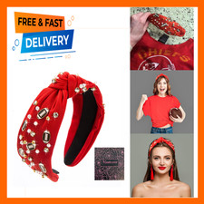 Women's Fashion Football Rhinestone Headband Knotted Wide Pearl Jeweled Black