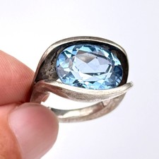 Vintage Modernist Blue Topaz or Glass Silver Ring Size 3.75