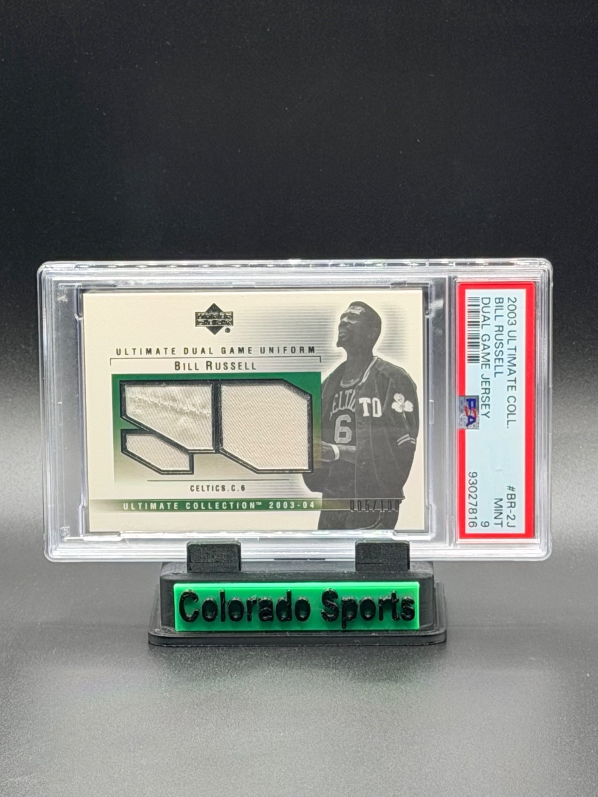 BILL RUSSELL 2003-04 UD Ultimate Dual Game-Worn Patches 005/100 PSA 9 Mint view 1