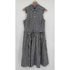 J Crew Dress Womens 12 Navy Blue Gingham Sleeveless Ruffle Midi Bow Cotton NEW