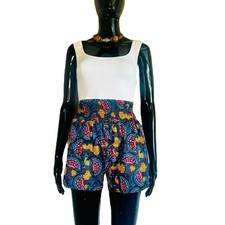 African Print Women Blue  Multicolored Shirred Shorts L 