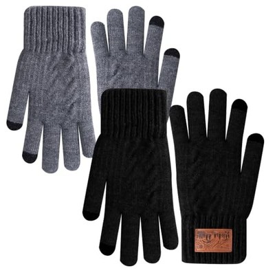 Winter Gloves for Men Women, 2 Pairs Thick Fleece-Lined Herringbone Knit