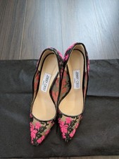 JIMMY CHOO ROMY 100 Black Pink Floral Embroidery Lace Pumps Heels US 7 / EU 37