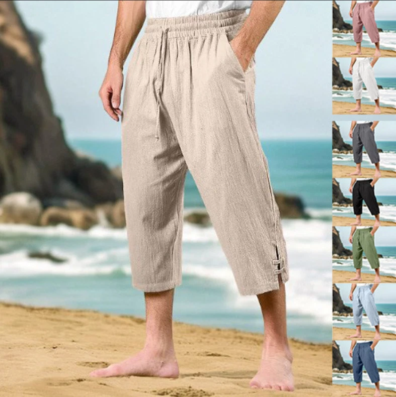 Men's Linen Pants Summer Pants Beach Pants Elastic Waist Comfortable Casual Pant
