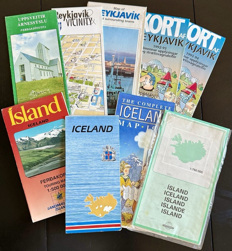 Lot of Nine (9) Vintage Maps of Iceland (Ísland) and Reykjavik (mid 1990s)