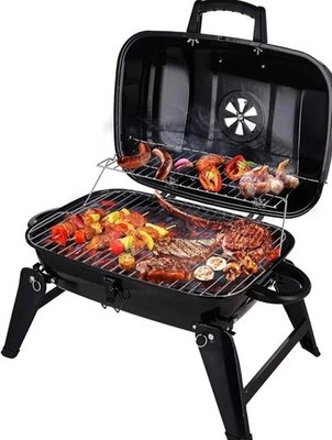Holzkohlegrill Tragbarer Grill BBQ & Smoker mit Warmhalteablage Schwarz CUSIMAX 
