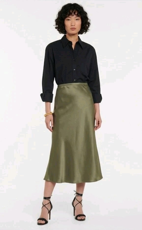 NWT Polo Ralph Lauren Satin Slip Midi in Green Pull-on A-line Skirt 10 $298