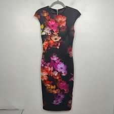 Ted Baker Catina Midi Dress Womens 1 XS Black Floral Cap Sleeve Bodycon Preppy