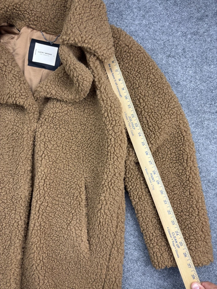 Lucky Brand Coat 女式大号骆驼棕色泰迪夏尔巴人造毛皮扣前衬里 — 第 3/4 张图片