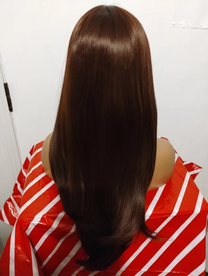 Peluca de cabello sintético marrón rojizo, suave, encaje, frontal, larga recta Foto 3 de 4