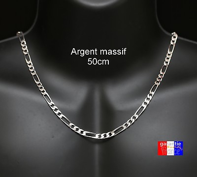 Chaine figaro cadeau pour homme collier en vrai argent massif 925 large 5mm  neuf - Main Image