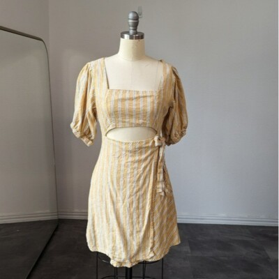 Zara Striped Cutout Midriff Wrap Front Tie Linen Blend Mini Dress Yellow S 