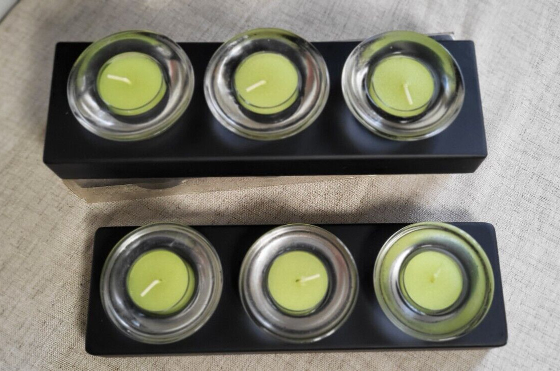 Tea-Light Candles Holder Set 2-Pack Black Wood w/ 3 Glass Candle Cups Tealights