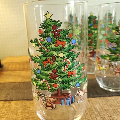 Vtg 70s Luminarc Glass Cups Holiday Dinnerware Noel Xmas Tree 16 oz SET OF 10