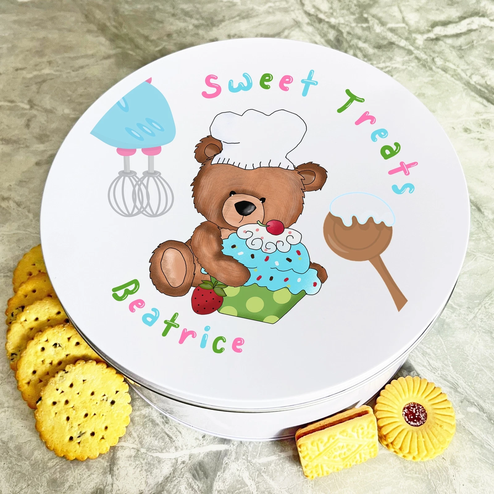 Personalised Round Baking Teddy Sweet Treats By Biscuit Sweets Cake Treat Tin