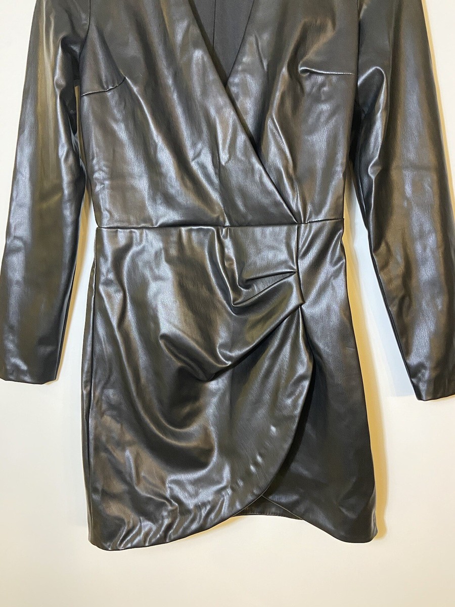 Zara Women's Faux Leather Draped Mini Dress Black Size S Long Sleeve Party  | eBay