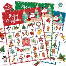 Christmas Bingo Game Cards for 30 Players Kids Family School Classroom Activity