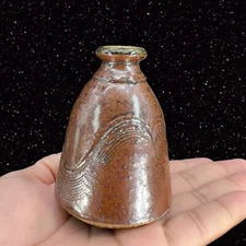 Vintage Pottery Vase Brown Glaze Etched Pottery Bud Vase Hand Made Stoneware 3"T