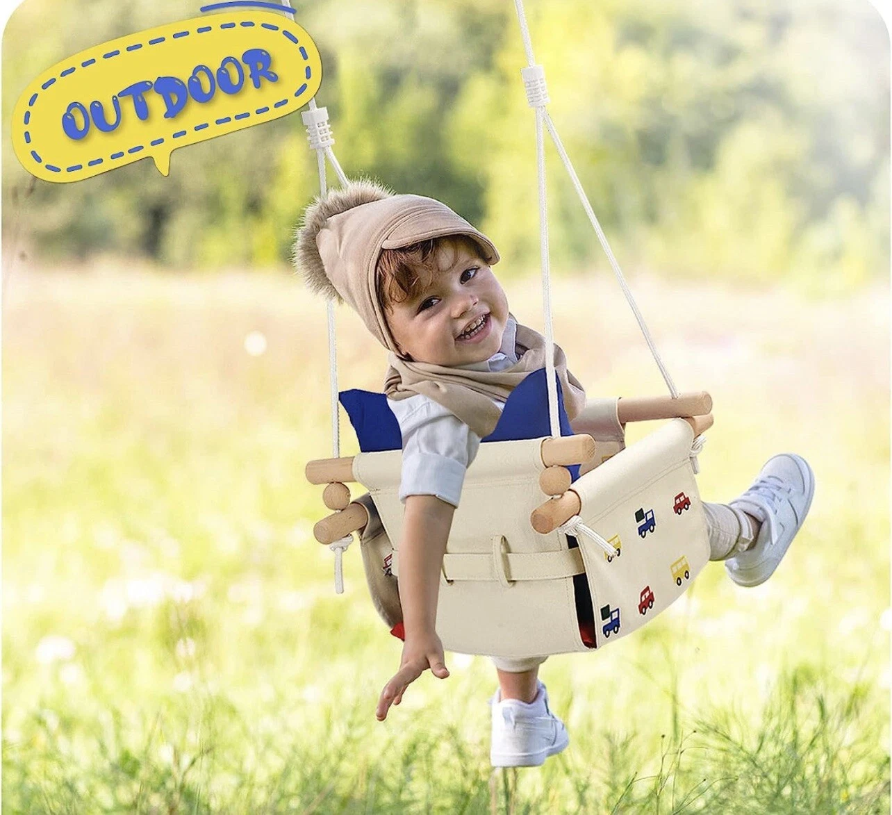 Swing Chair for Babies Toddlers Kids Canvas Wooden Hanging Indoor Outdoor Cars