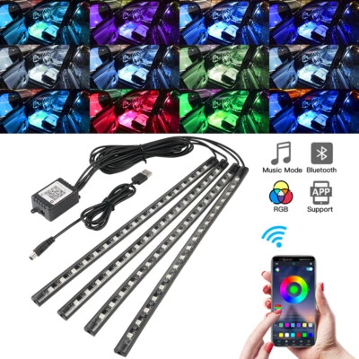 4x RGB 72 LED USB Car Interior Floor Atmosphere Light Strips Bluetooth Phone APP - Bild 1 von 4