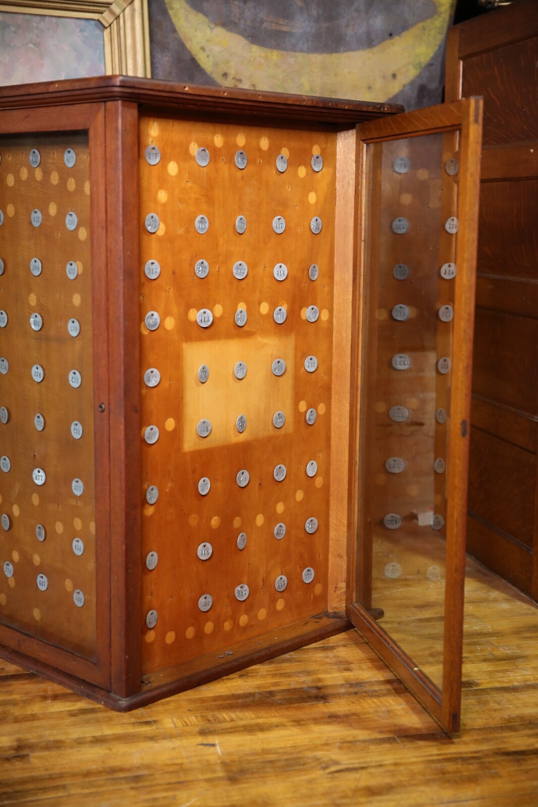 Antique Display Case Tiger Oak Apothecary Triangular Hotel Key hardware eBay