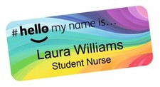 Hello My Name Is Badge with Rainbow Swirl Logo Premium Personalised 76x32mm