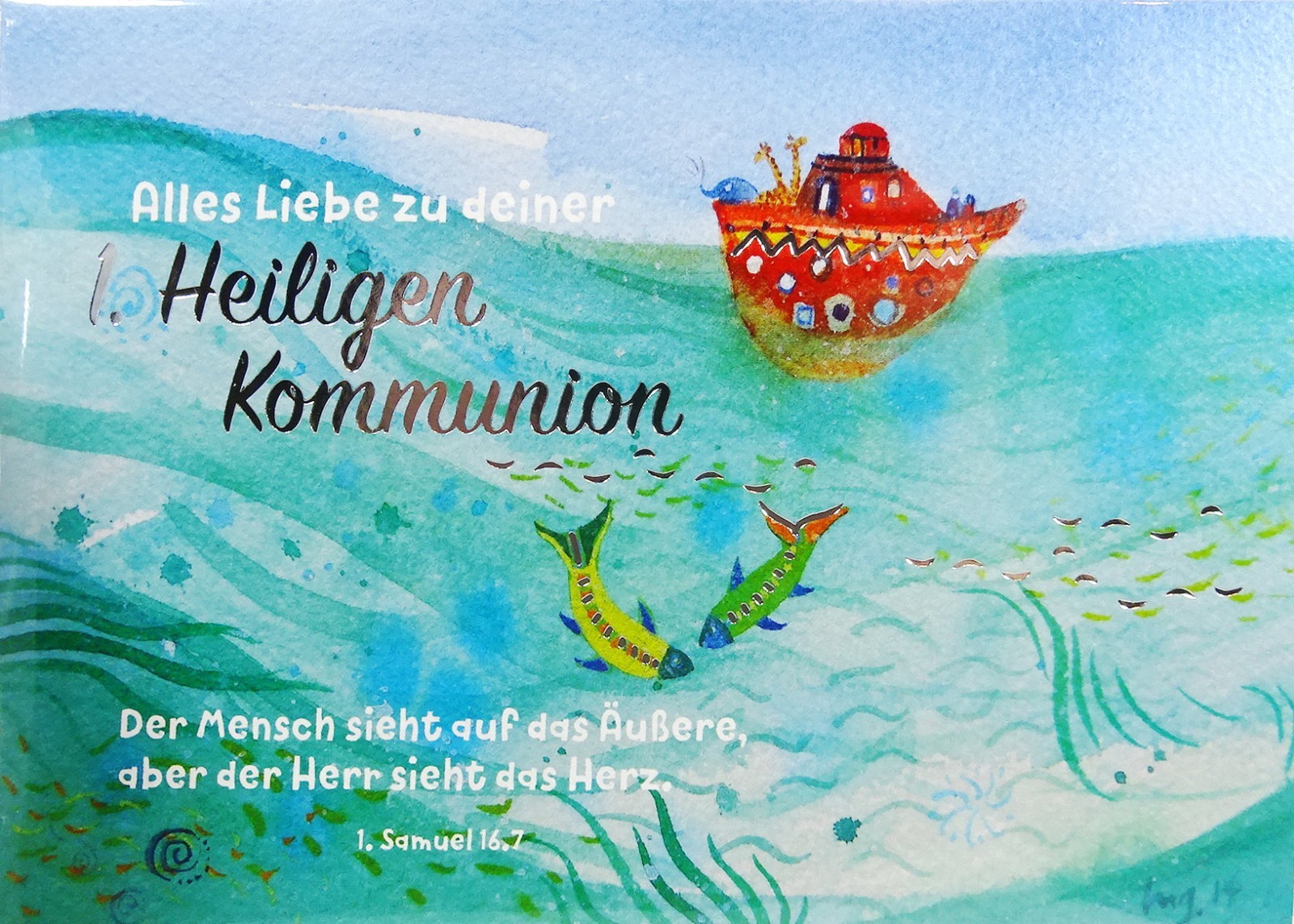 Grußkarte"1. Heilige Kommunion"Arche Meer Tiere Schiff Fische Boot Schriftzug
