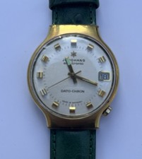 Junghans Dato-Chron HAU, vergoldet Datumsanzeige, neue Batterie, Lederarmband
