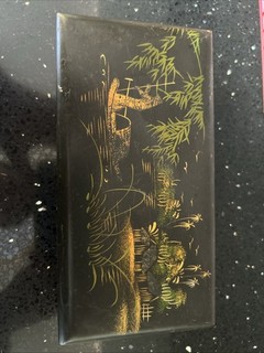Vintage Oriental Black Lacquer Box Gold and green painted river Jewellery Box