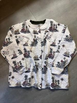Vintage AOP Button-Up Crewneck With Sailboats Beach Vibes Size XXL