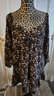Lily Rose Women's XL Black Floral V-Neck Long Sleeve Tiered Mini Dress