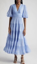 ZIMMERMANN PLEATED Blue Pleated Puff Sleeve V-Neck Fit Flare Midi Dress Size 0 